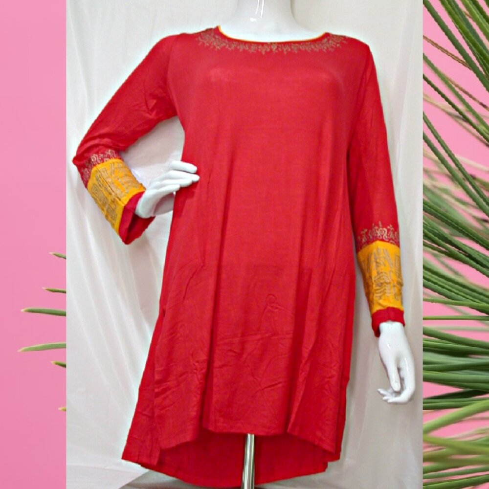 RED Boho Tunic Long Sleeve Kurti Medium